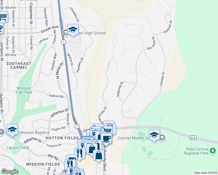 map of restaurants, bars, coffee shops, grocery stores, and more near 25765 Carmel Knolls Drive in Carmel-by-the-Sea