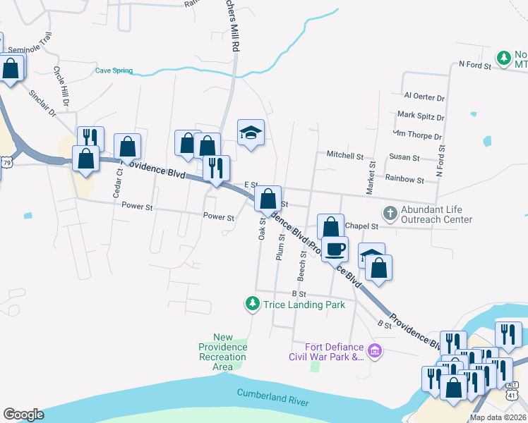 map of restaurants, bars, coffee shops, grocery stores, and more near 250 Oak Street in Clarksville
