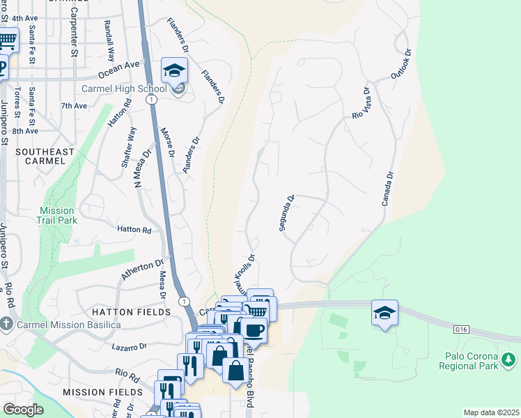 map of restaurants, bars, coffee shops, grocery stores, and more near 25805 Carmel Knolls Drive in Carmel