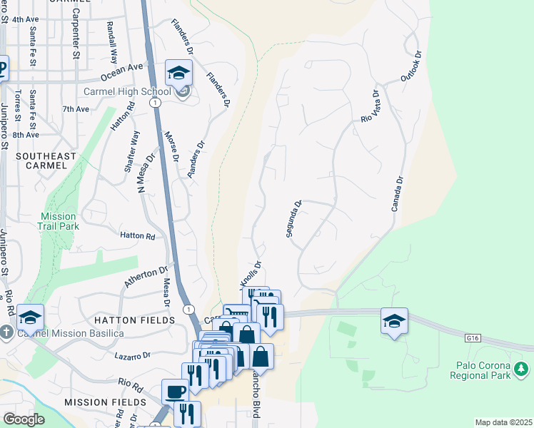 map of restaurants, bars, coffee shops, grocery stores, and more near 25805 Carmel Knolls Drive in Carmel