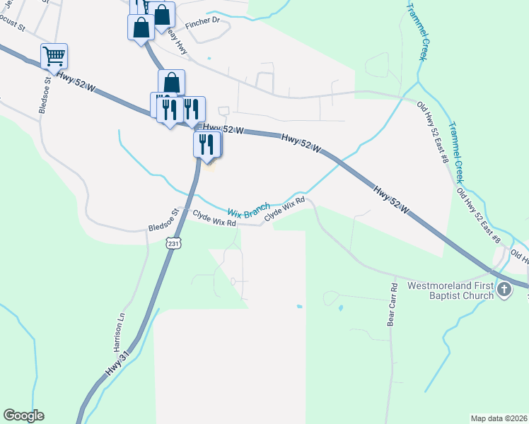 map of restaurants, bars, coffee shops, grocery stores, and more near 215 Clyde Wix Road in Westmoreland