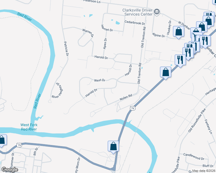 map of restaurants, bars, coffee shops, grocery stores, and more near 262 Harold Drive in Clarksville