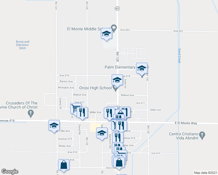 map of restaurants, bars, coffee shops, grocery stores, and more near 41815 Road 128 in Orosi