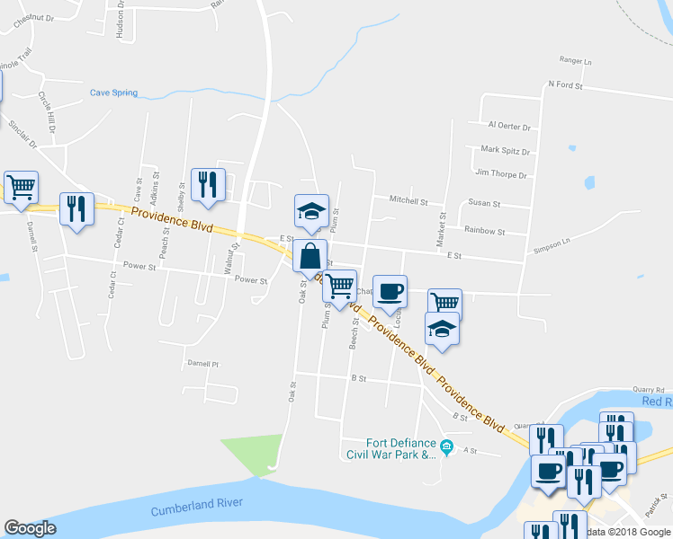 map of restaurants, bars, coffee shops, grocery stores, and more near 410 D Street in Clarksville
