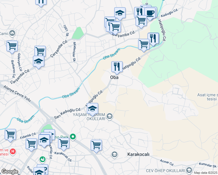 map of restaurants, bars, coffee shops, grocery stores, and more near 26 Hatipoğlu Caddesi in Alanya