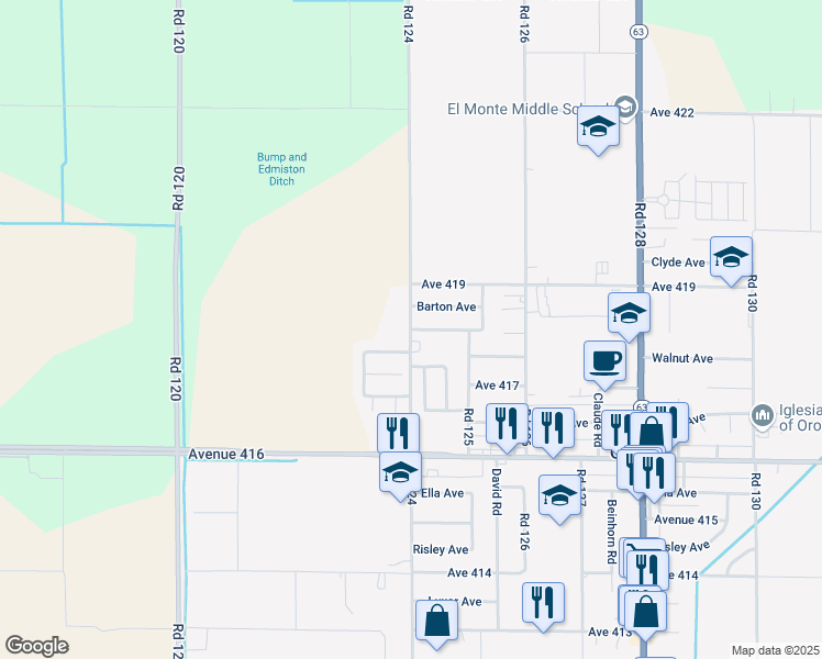 map of restaurants, bars, coffee shops, grocery stores, and more near 41821 Road 124 in Orosi