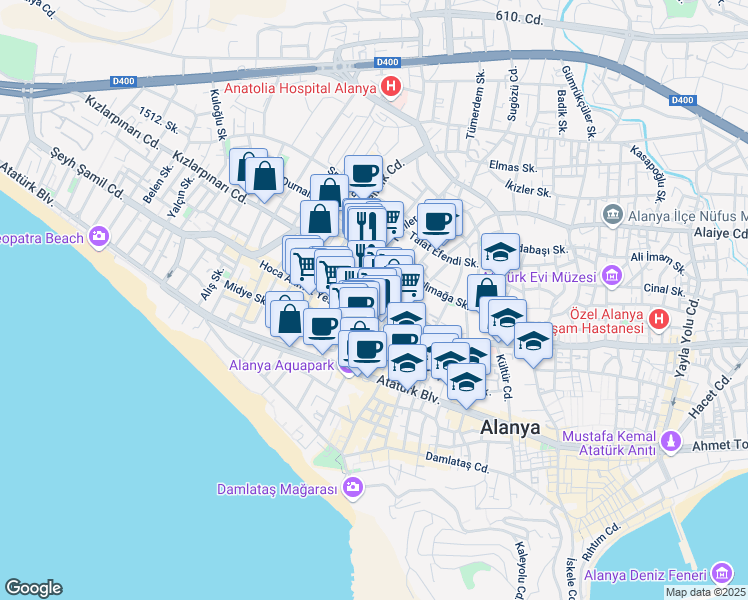 map of restaurants, bars, coffee shops, grocery stores, and more near 30 Galatasaray Caddesi in Alanya