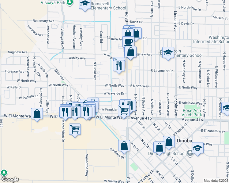 map of restaurants, bars, coffee shops, grocery stores, and more near 265 West Wayside Drive in Dinuba