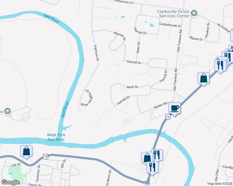 map of restaurants, bars, coffee shops, grocery stores, and more near 1862 West Court in Clarksville
