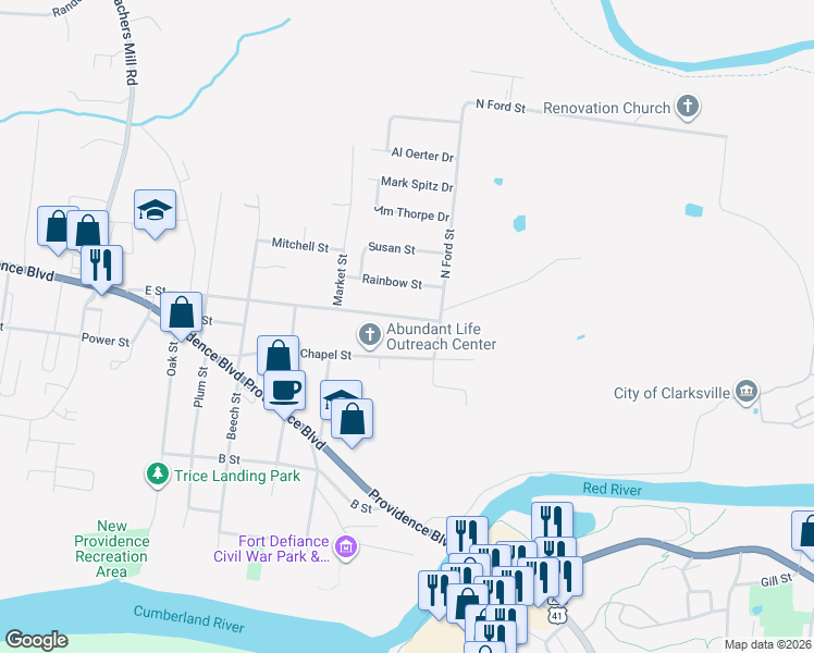 map of restaurants, bars, coffee shops, grocery stores, and more near 113 E Street in Clarksville