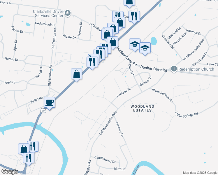 map of restaurants, bars, coffee shops, grocery stores, and more near 1768 Viola Court in Clarksville
