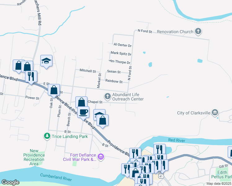map of restaurants, bars, coffee shops, grocery stores, and more near 113 E Street in Clarksville