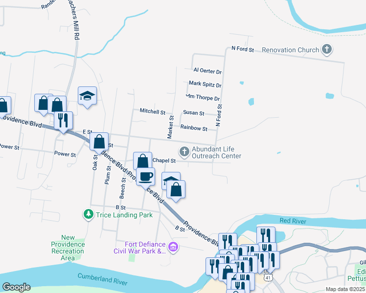 map of restaurants, bars, coffee shops, grocery stores, and more near 127 E St in Clarksville