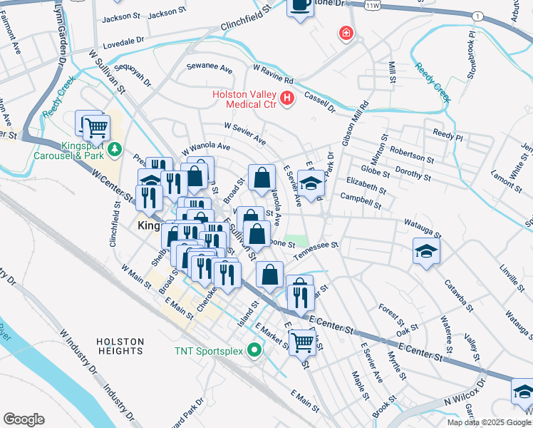 map of restaurants, bars, coffee shops, grocery stores, and more near 601-613 Watauga Street in Kingsport