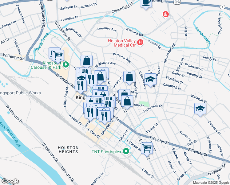map of restaurants, bars, coffee shops, grocery stores, and more near 422 Broad Street in Kingsport