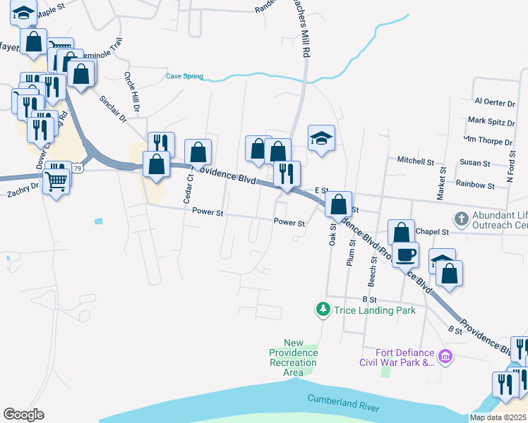 map of restaurants, bars, coffee shops, grocery stores, and more near 701 Power Street in Clarksville