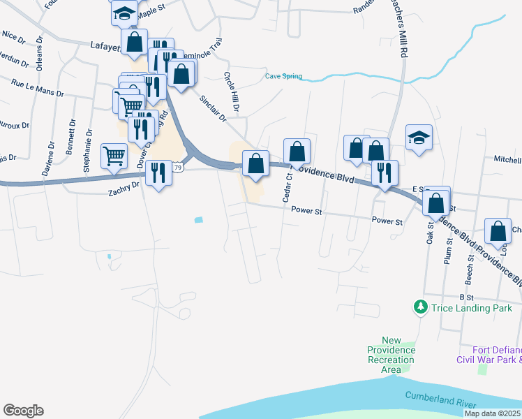 map of restaurants, bars, coffee shops, grocery stores, and more near 914 Power Street in Clarksville