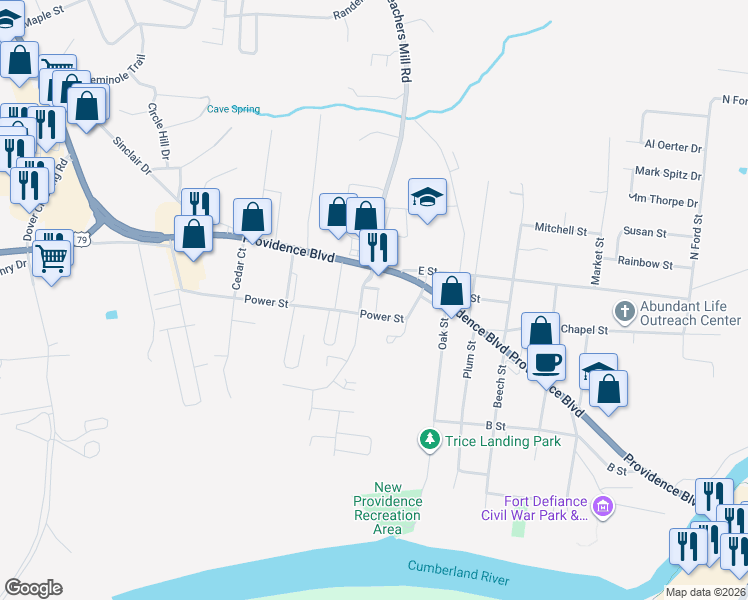map of restaurants, bars, coffee shops, grocery stores, and more near 202 Walnut Street in Clarksville