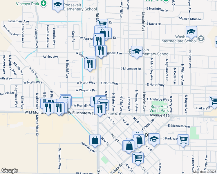 map of restaurants, bars, coffee shops, grocery stores, and more near 473 N Nichols Ave in Dinuba