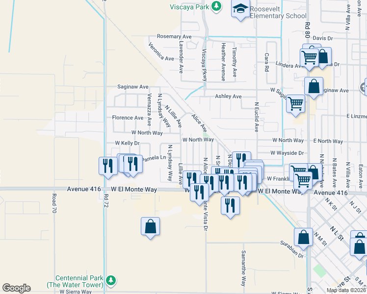 map of restaurants, bars, coffee shops, grocery stores, and more near 434 Lillie Avenue in Dinuba