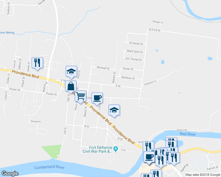 map of restaurants, bars, coffee shops, grocery stores, and more near 202 E Street in Clarksville