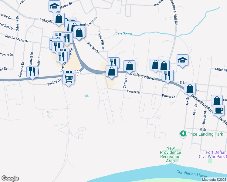 map of restaurants, bars, coffee shops, grocery stores, and more near 914 Power Street in Clarksville