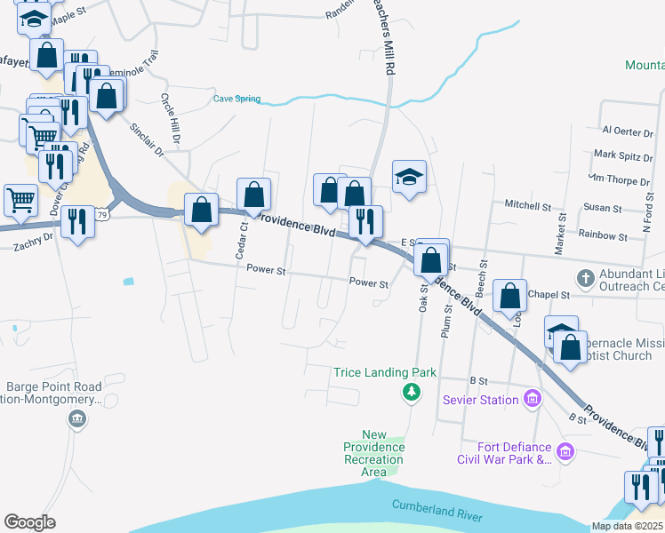 map of restaurants, bars, coffee shops, grocery stores, and more near 705 Power Street in Clarksville