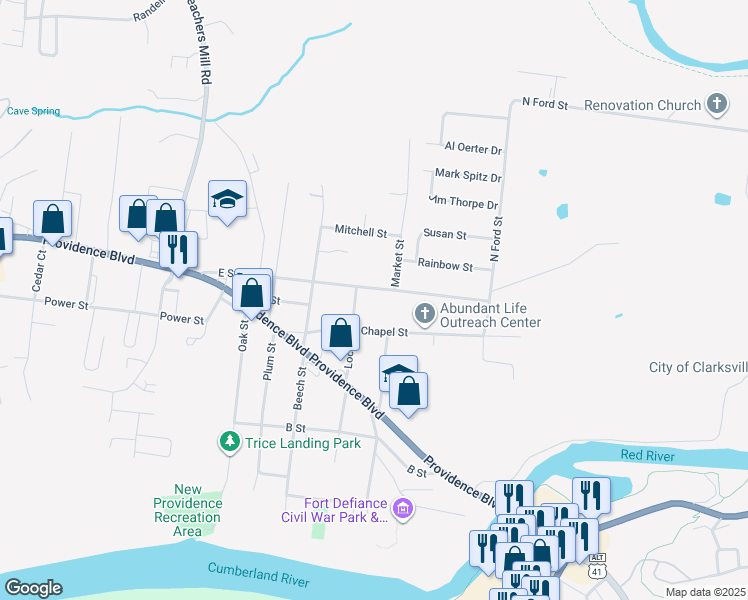 map of restaurants, bars, coffee shops, grocery stores, and more near 202 E Street in Clarksville