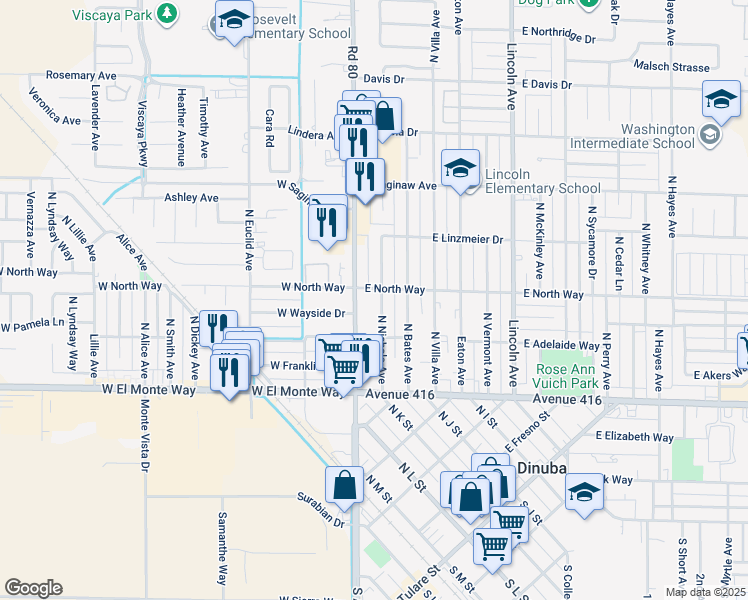 map of restaurants, bars, coffee shops, grocery stores, and more near 473 North Nichols Avenue in Dinuba