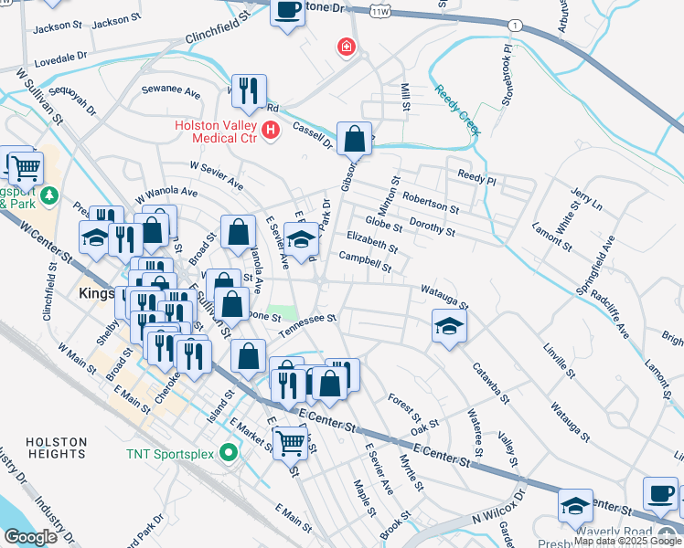 map of restaurants, bars, coffee shops, grocery stores, and more near 914 Watauga Street in Kingsport