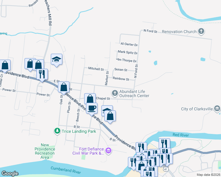 map of restaurants, bars, coffee shops, grocery stores, and more near 127 E Street in Clarksville