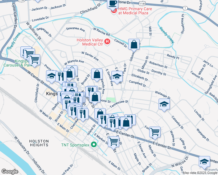 map of restaurants, bars, coffee shops, grocery stores, and more near 714 Watauga Street in Kingsport