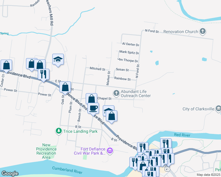 map of restaurants, bars, coffee shops, grocery stores, and more near 135 E Street in Clarksville