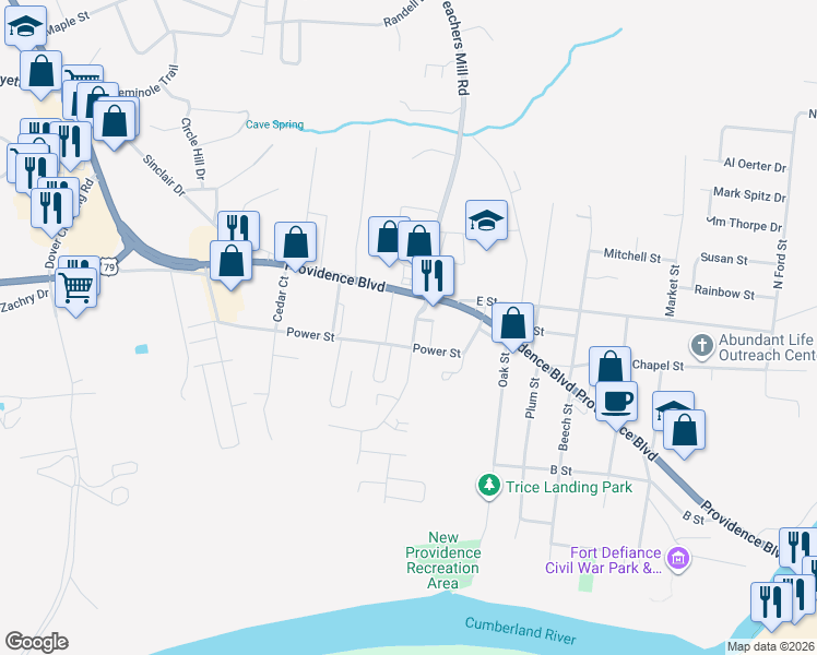 map of restaurants, bars, coffee shops, grocery stores, and more near 206 Walnut Street in Clarksville