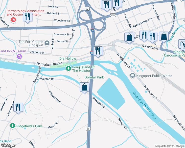 map of restaurants, bars, coffee shops, grocery stores, and more near U.S. 23 in Kingsport