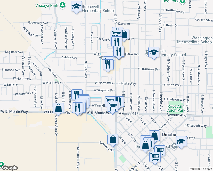 map of restaurants, bars, coffee shops, grocery stores, and more near 265 West Wayside Drive in Dinuba