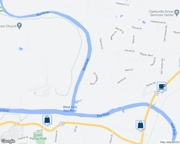 map of restaurants, bars, coffee shops, grocery stores, and more near 1810 Patricia Drive in Clarksville
