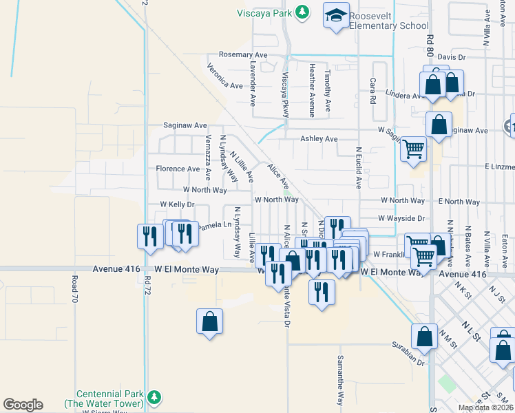 map of restaurants, bars, coffee shops, grocery stores, and more near 434 Lillie Avenue in Dinuba