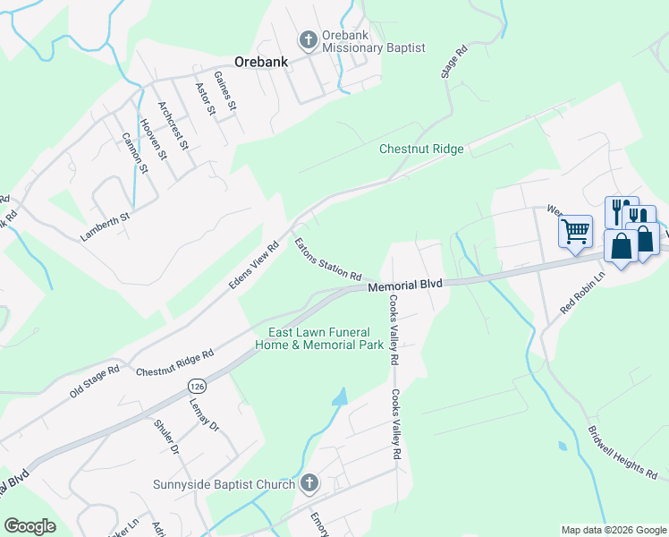 map of restaurants, bars, coffee shops, grocery stores, and more near Eatons Station Road in Kingsport