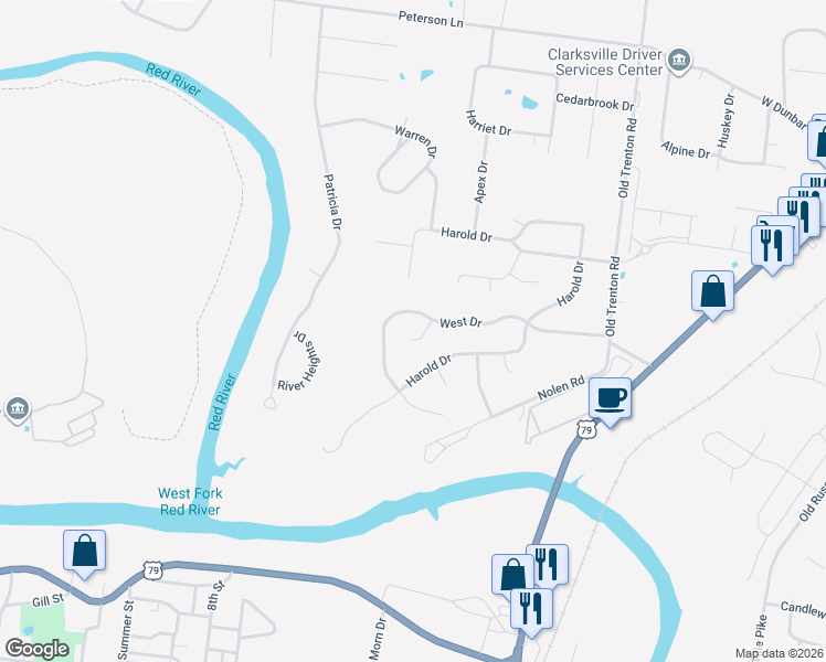 map of restaurants, bars, coffee shops, grocery stores, and more near 1862 West Court in Clarksville