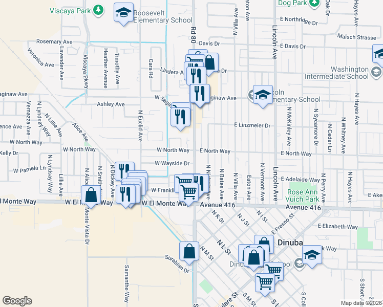 map of restaurants, bars, coffee shops, grocery stores, and more near 467 N Alta Ave in Dinuba