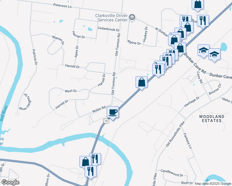 map of restaurants, bars, coffee shops, grocery stores, and more near 1701 Old Trenton Road in Clarksville