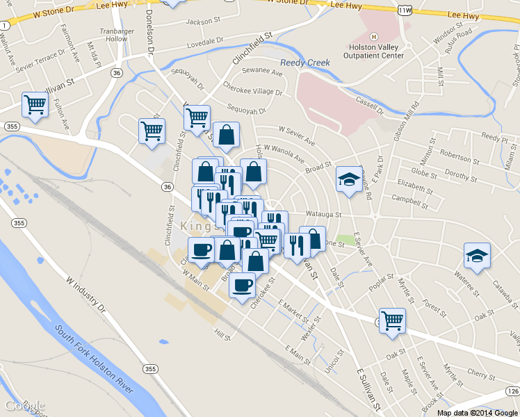 map of restaurants, bars, coffee shops, grocery stores, and more near 422 Broad St in Kingsport