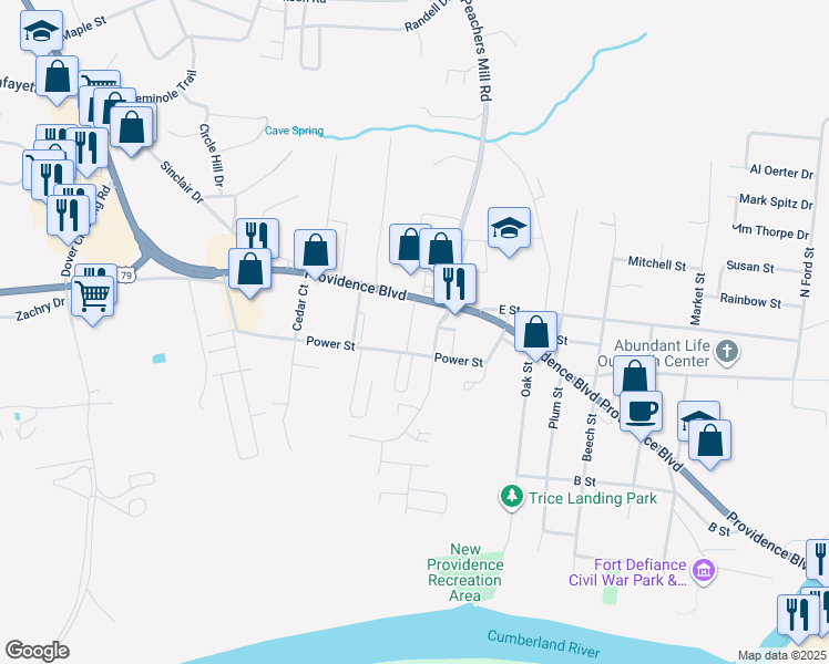 map of restaurants, bars, coffee shops, grocery stores, and more near 707 Power Street in Clarksville