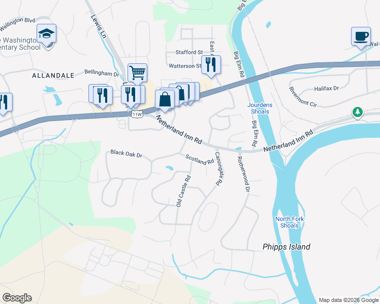 map of restaurants, bars, coffee shops, grocery stores, and more near 3539 Netherland Inn Road in Kingsport