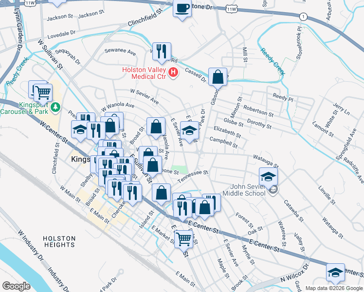 map of restaurants, bars, coffee shops, grocery stores, and more near 160 E Sevier Ave in Kingsport