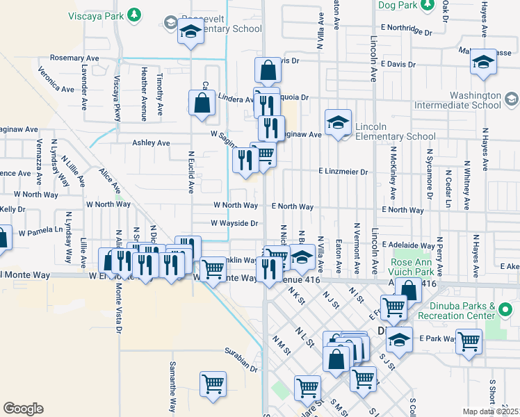 map of restaurants, bars, coffee shops, grocery stores, and more near 467 N Alta Ave in Dinuba