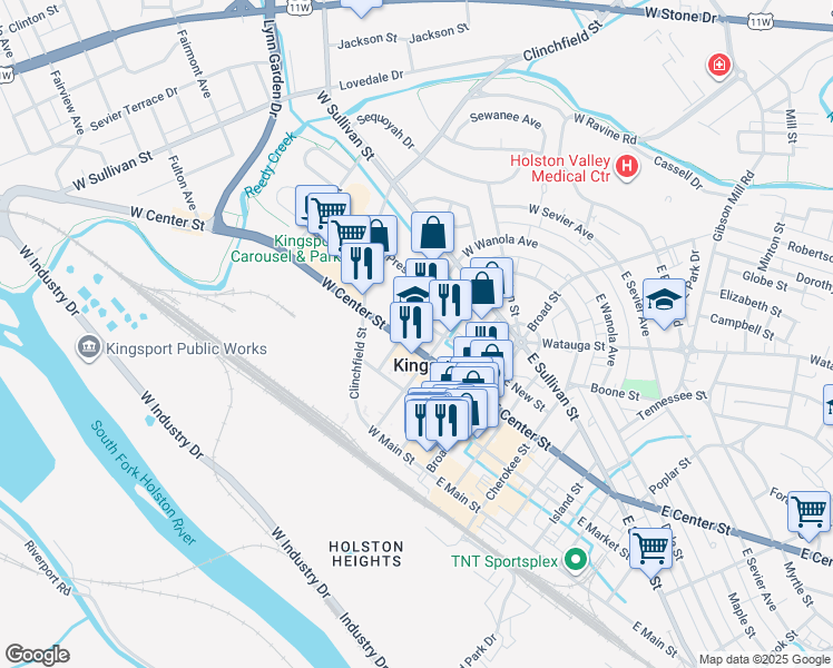 map of restaurants, bars, coffee shops, grocery stores, and more near in Kingsport