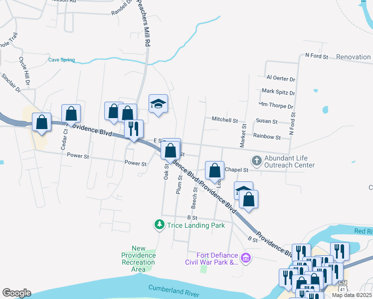 map of restaurants, bars, coffee shops, grocery stores, and more near 410 D Street in Clarksville