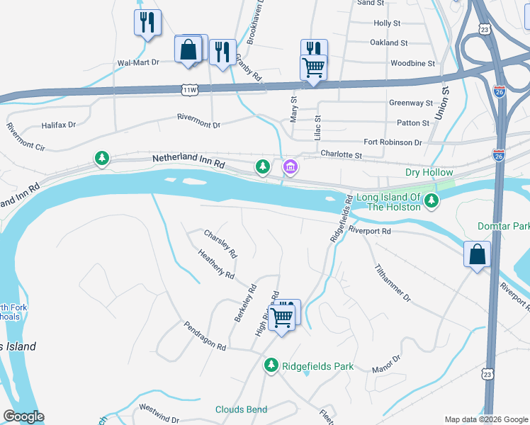map of restaurants, bars, coffee shops, grocery stores, and more near 305 High Ridge Road in Kingsport